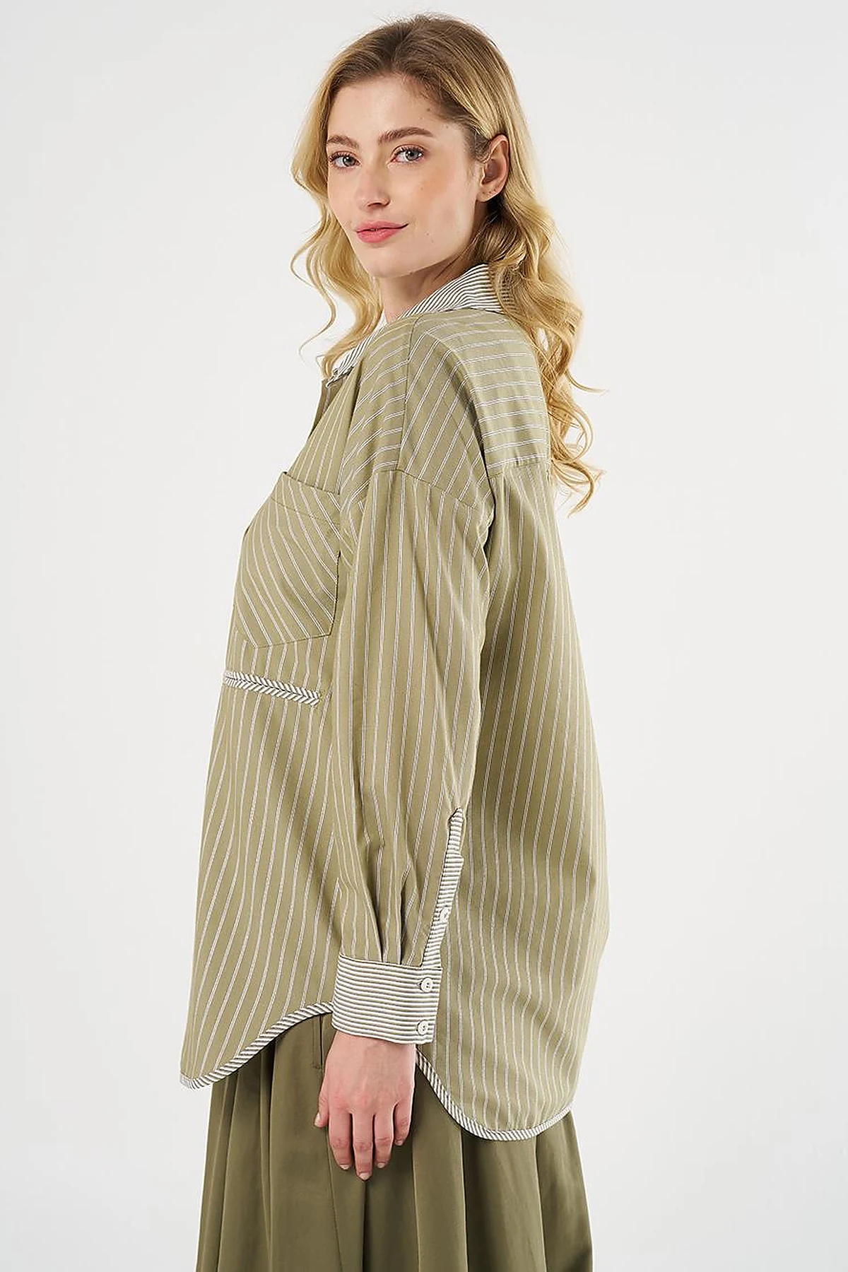 Shirt Collar Tunic with Pattern Details, Khaki