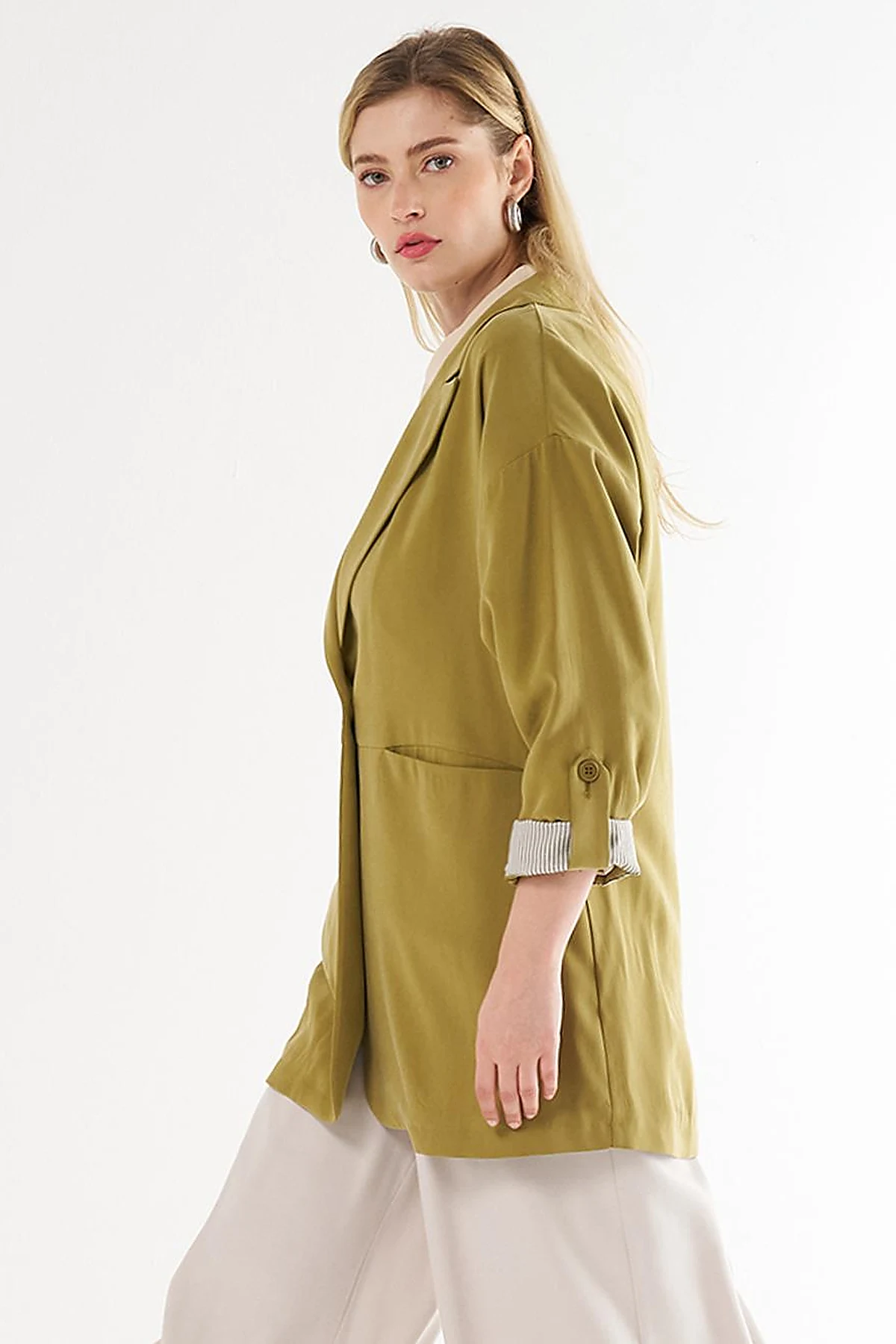 Foldable Cuffs Buttoned Jacket Khaki