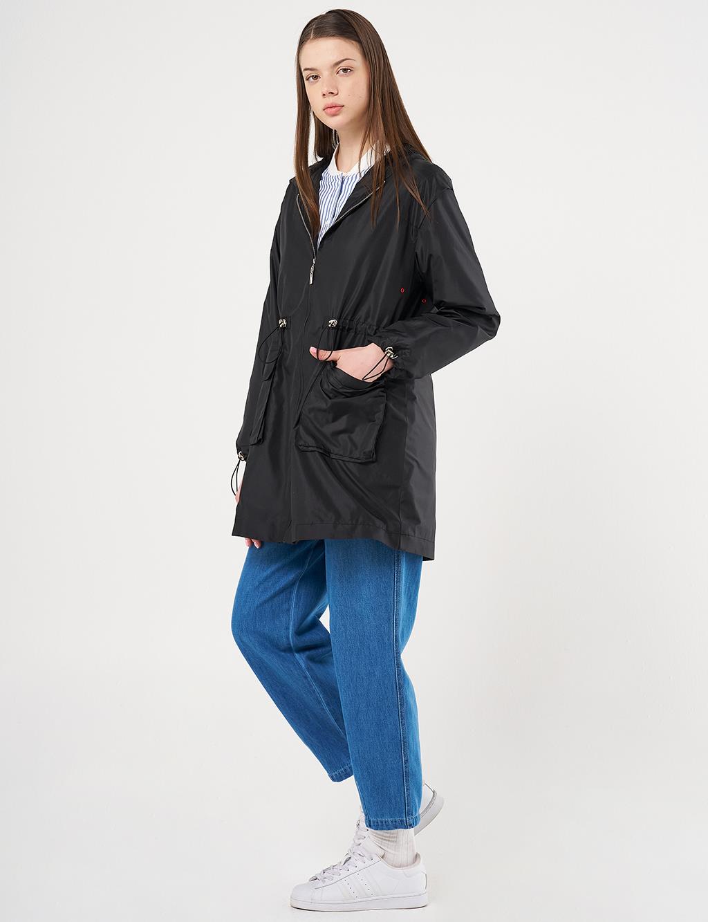 Mesh Detail Drawstring Waist Coat Black