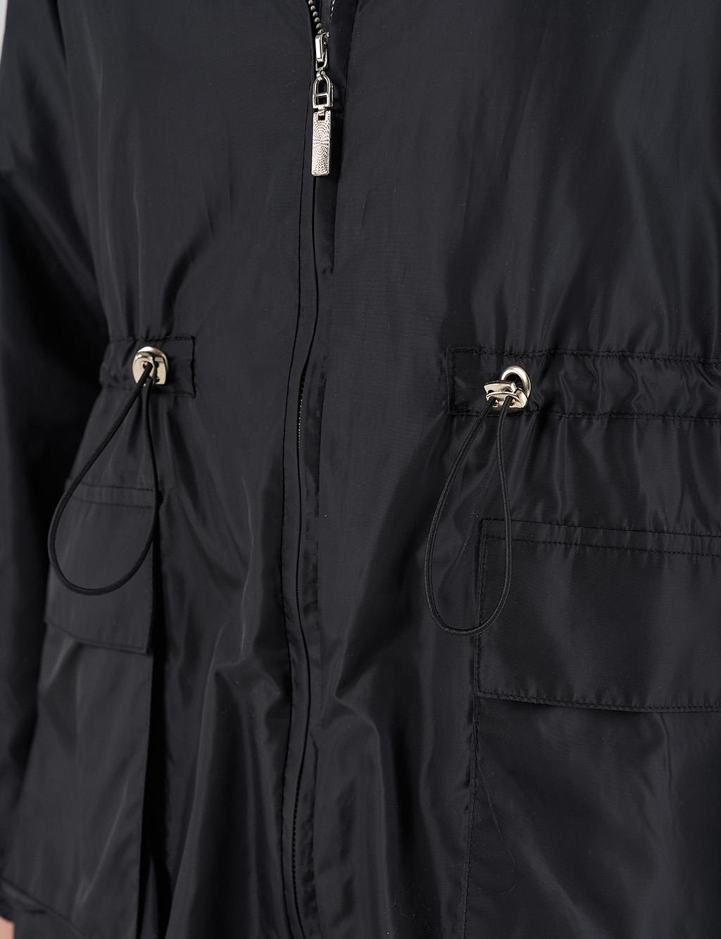 Mesh Detail Drawstring Waist Coat Black