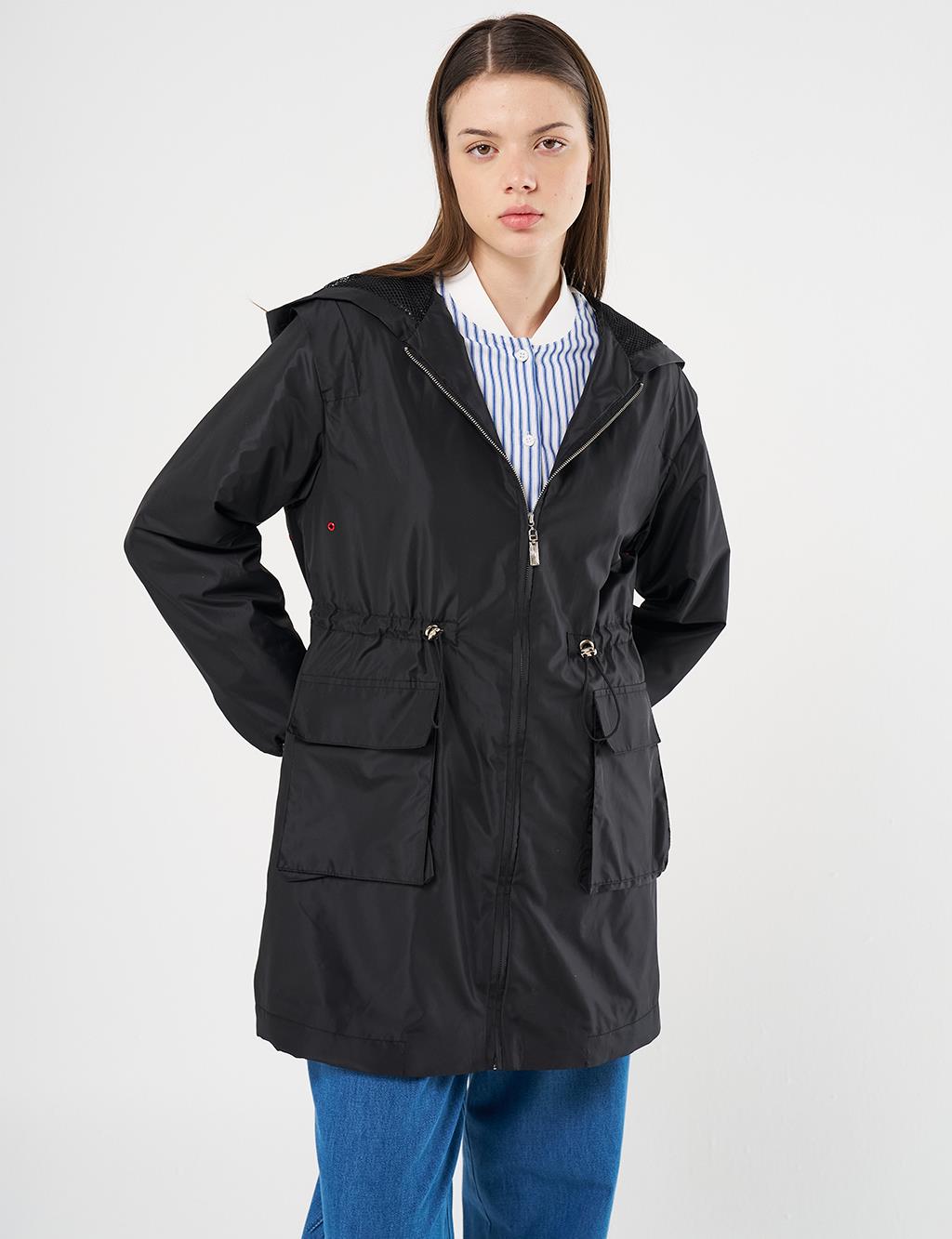 Mesh Detail Drawstring Waist Coat Black