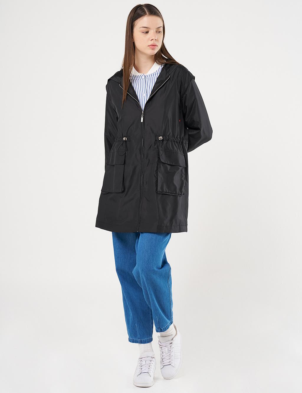 Mesh Detail Drawstring Waist Coat Black