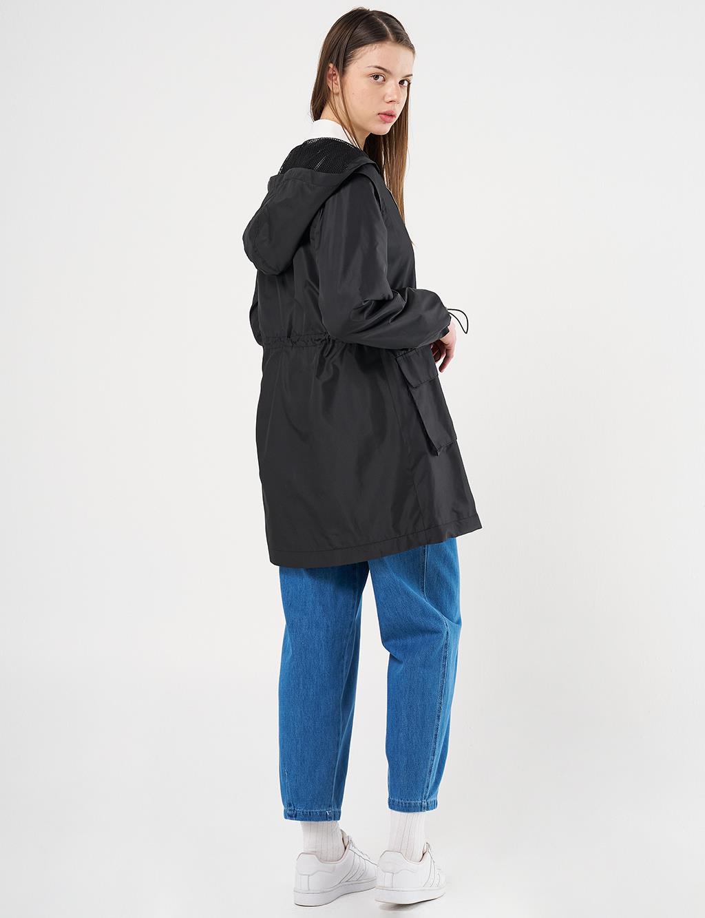 Mesh Detail Drawstring Waist Coat Black