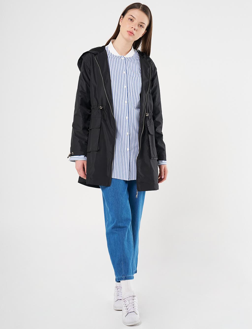 Mesh Detail Drawstring Waist Coat Black