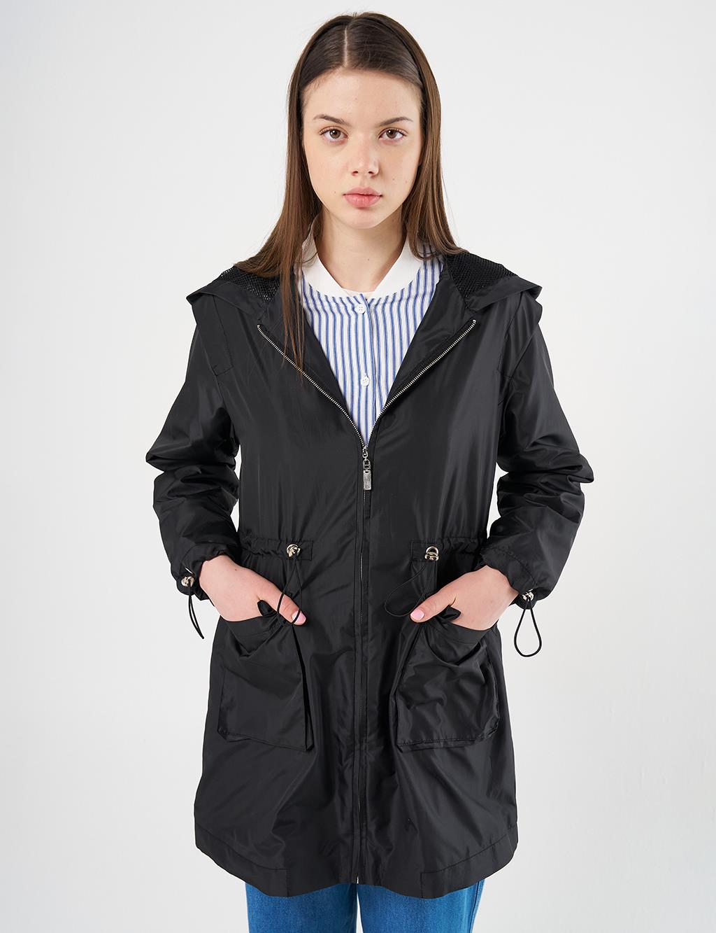 Mesh Detail Drawstring Waist Coat Black
