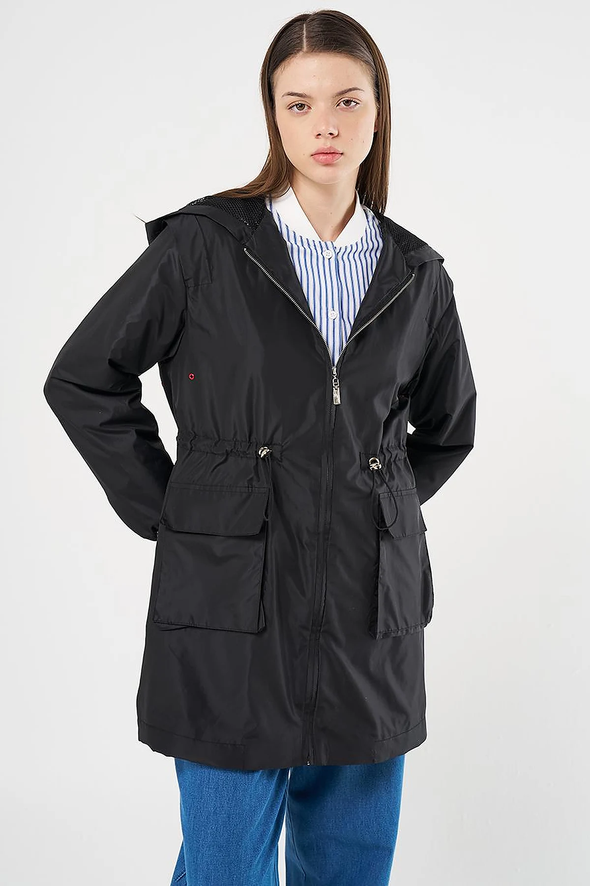 Mesh Detail Drawstring Waist Coat Black
