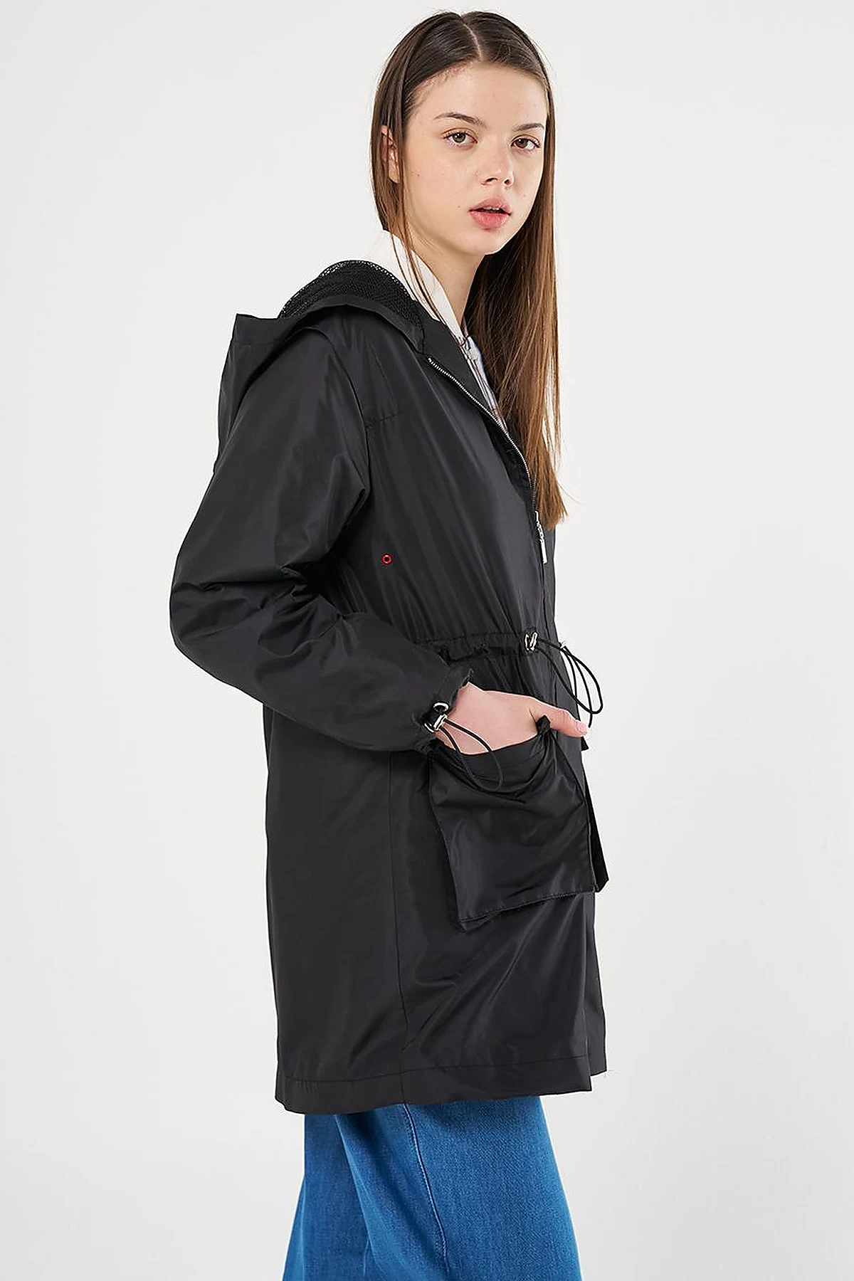 Mesh Detail Drawstring Waist Coat Black