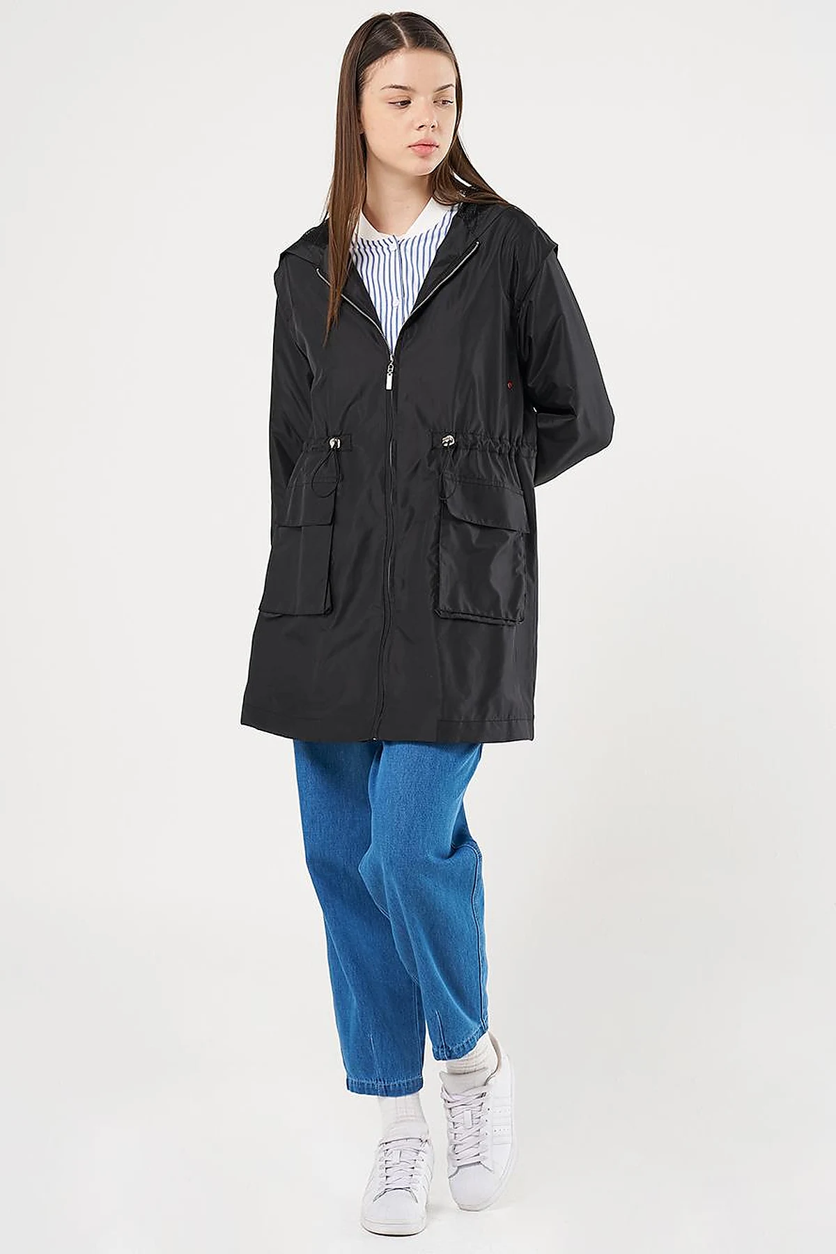 Mesh Detail Drawstring Waist Coat Black