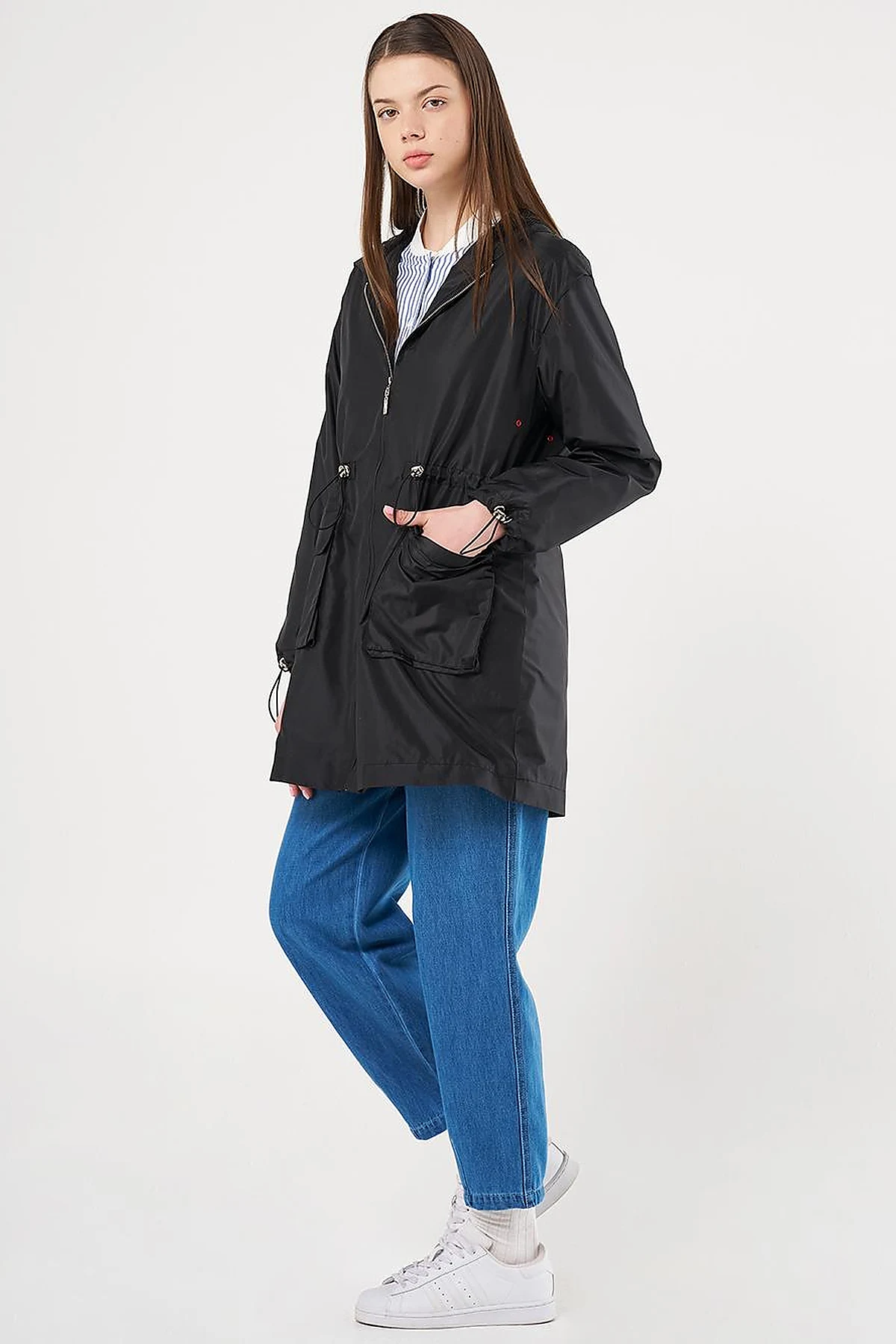 Mesh Detail Drawstring Waist Coat Black