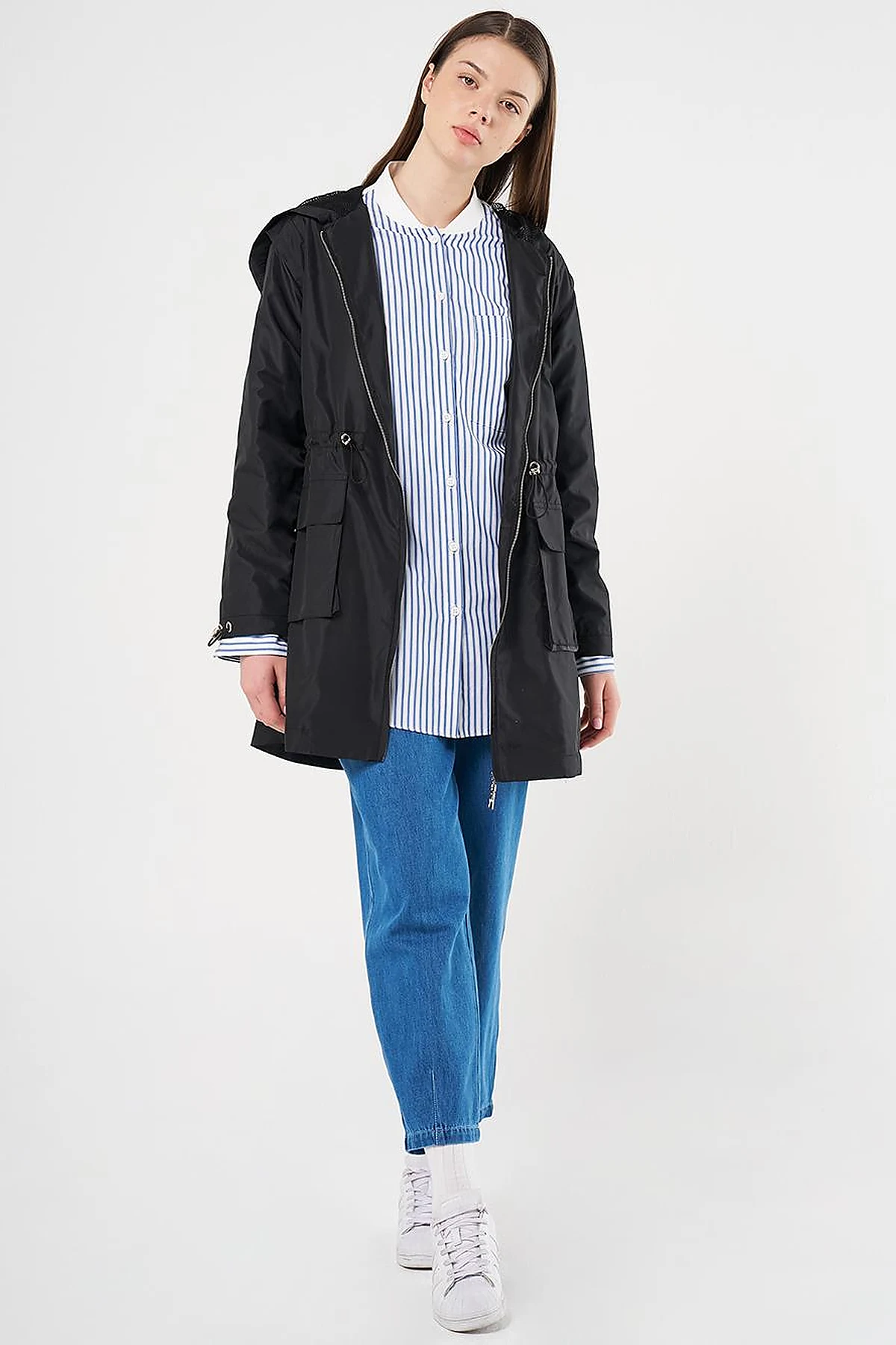 Mesh Detail Drawstring Waist Coat Black