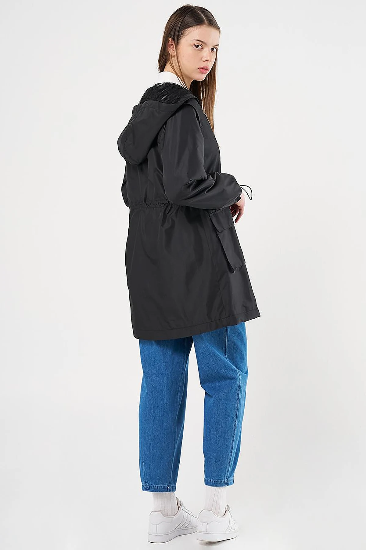 Mesh Detail Drawstring Waist Coat Black