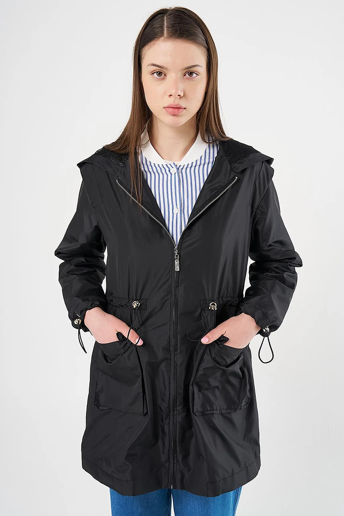 Mesh Detail Drawstring Waist Coat Black