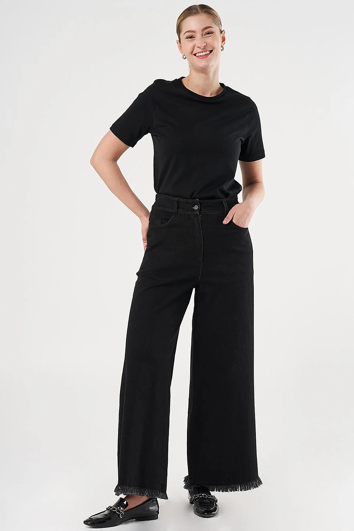Fringed Denim Trousers Black