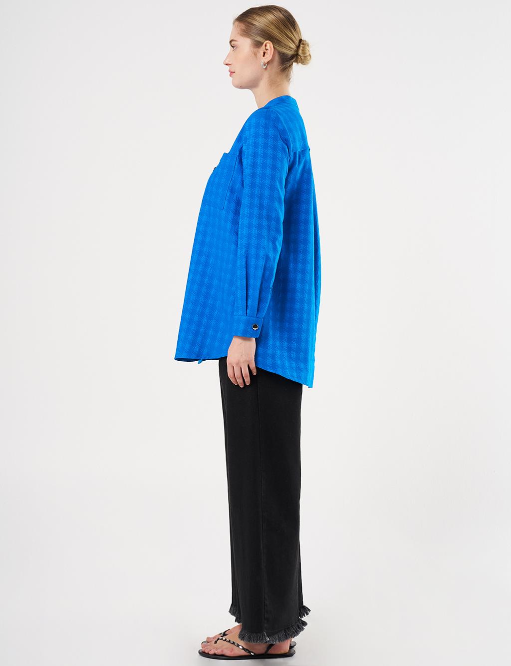 Mandarin Collar Crinkled Tunic Cobalt Blue
