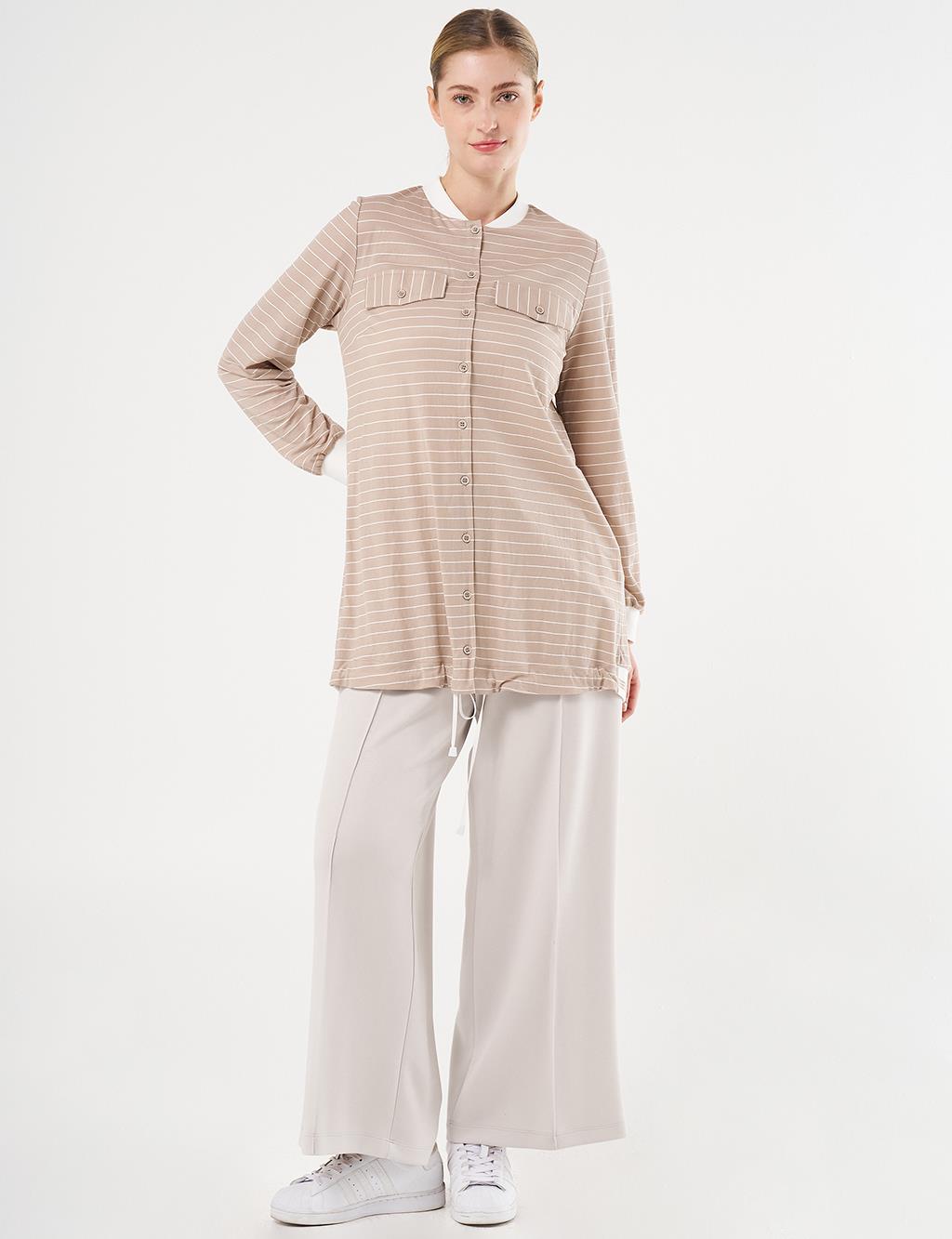 Flap Pocket Striped Pattern Tunic Stone