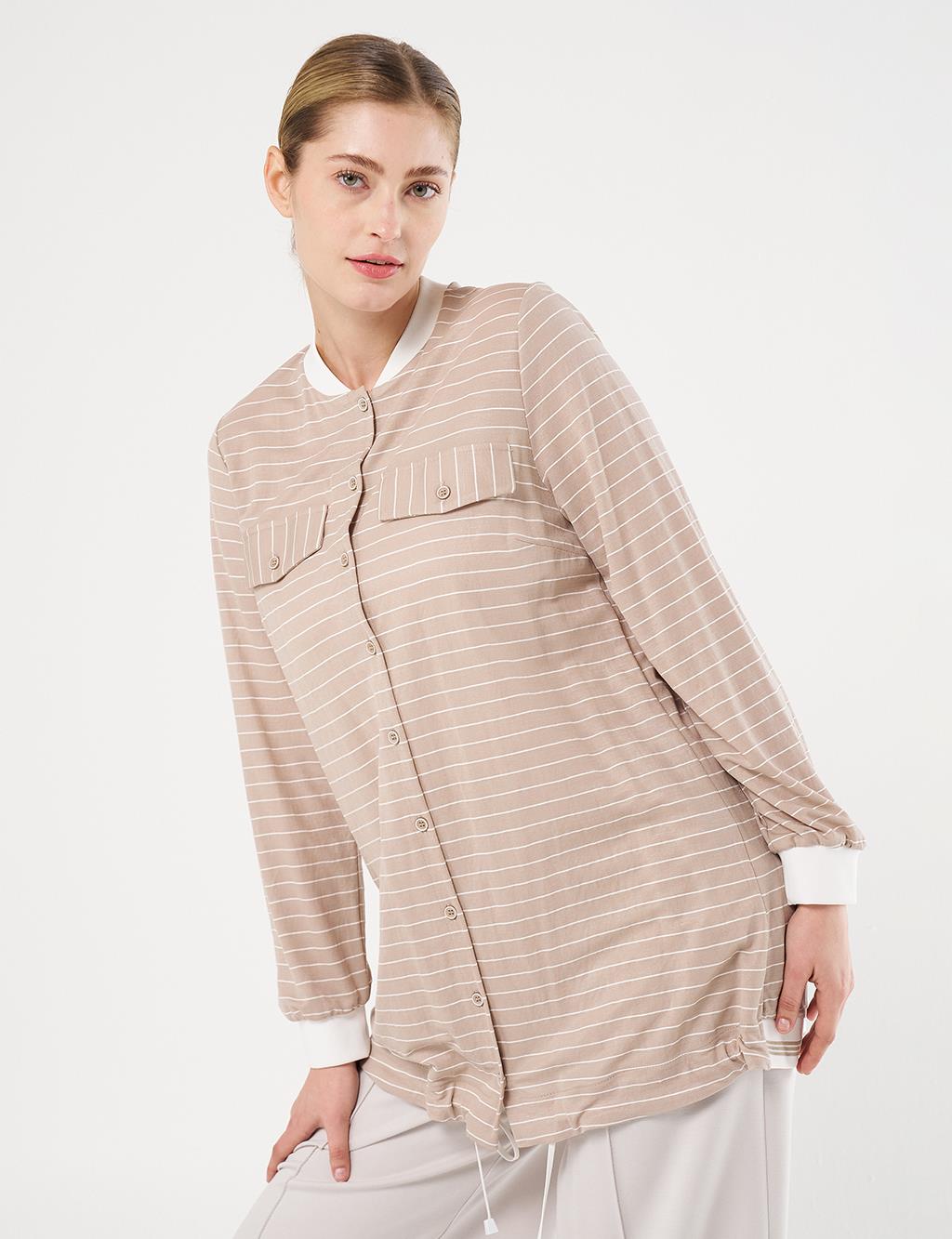 Flap Pocket Striped Pattern Tunic Stone