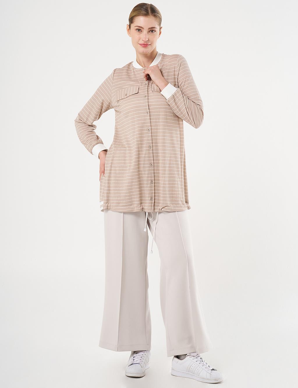 Flap Pocket Striped Pattern Tunic Stone