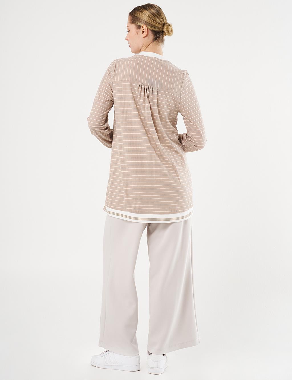 Flap Pocket Striped Pattern Tunic Stone