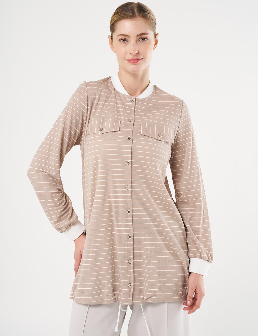 Flap Pocket Striped Pattern Tunic Stone