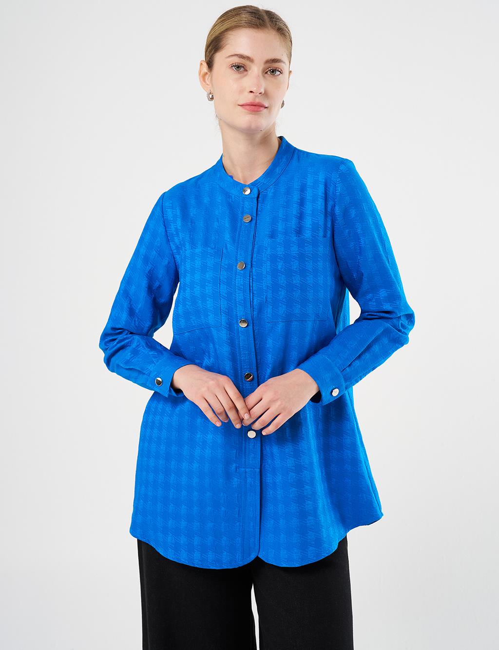 Mandarin Collar Crinkled Tunic Cobalt Blue