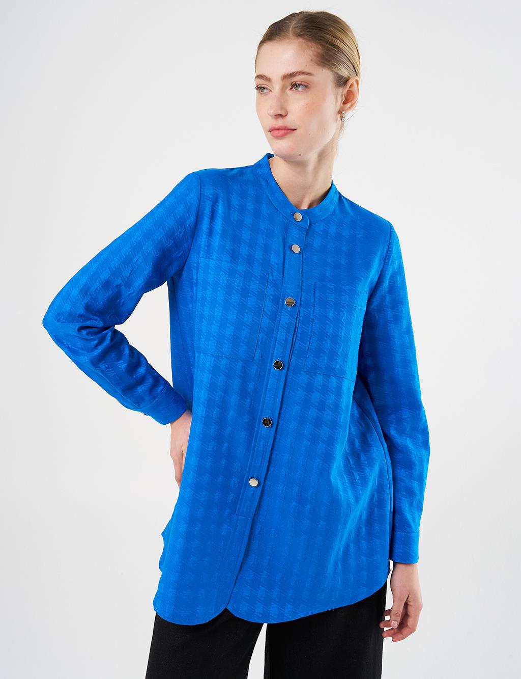Mandarin Collar Crinkled Tunic Cobalt Blue