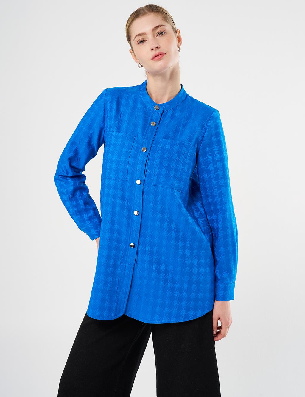 Mandarin Collar Crinkled Tunic Cobalt Blue