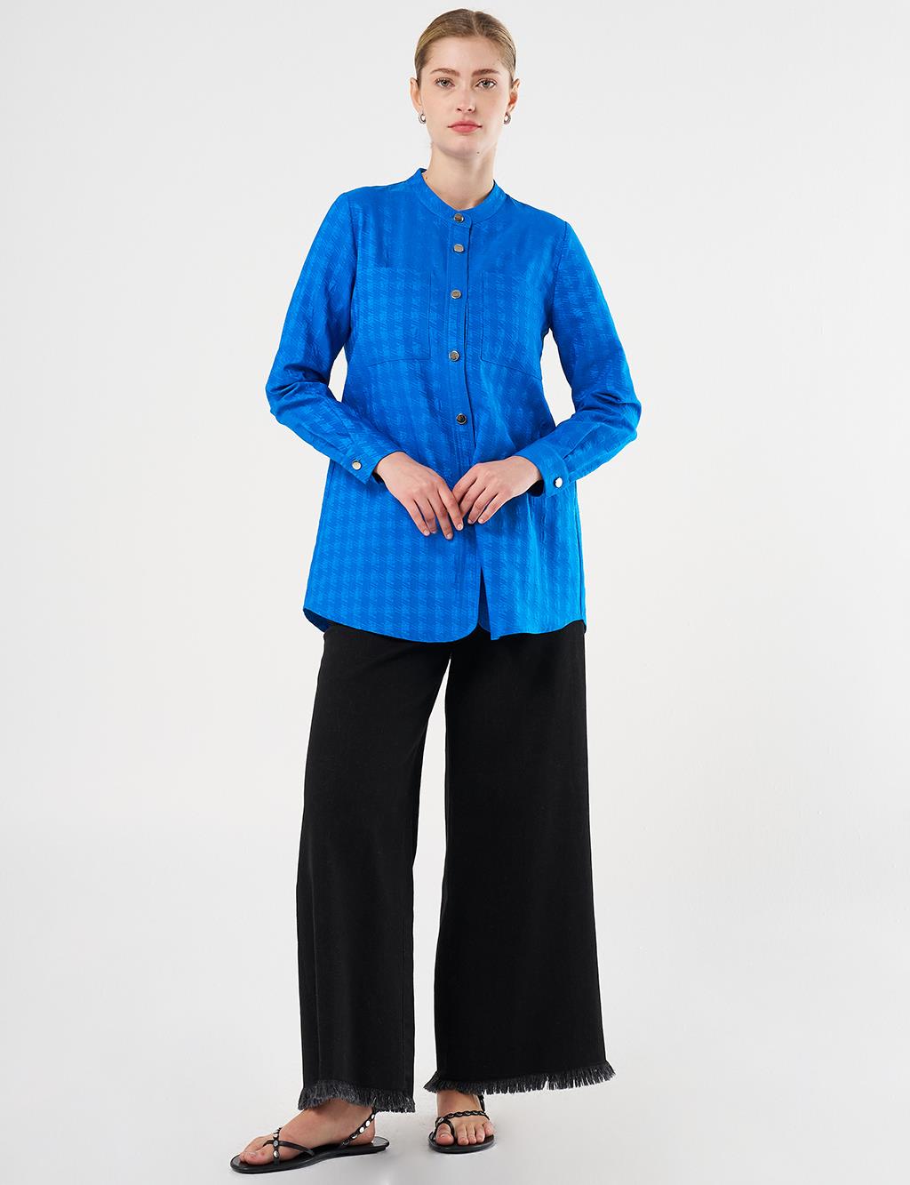 Mandarin Collar Crinkled Tunic Cobalt Blue