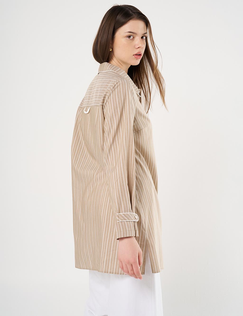  Flamingo Brooch Detailed Striped Tunic Beige