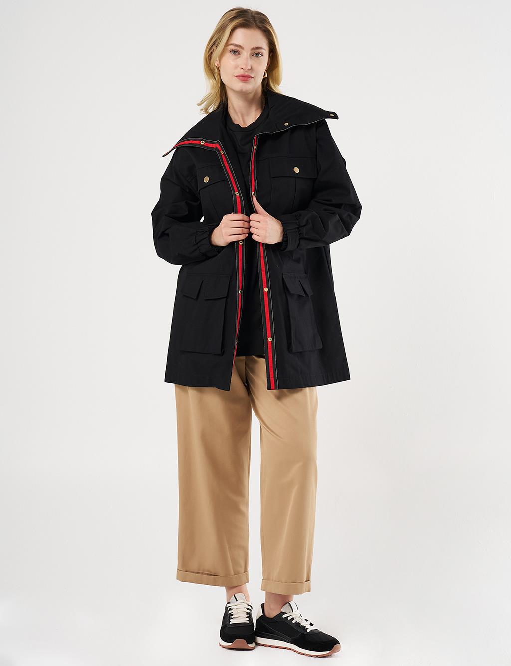 Elasticated Waist High Collar Jacket Black