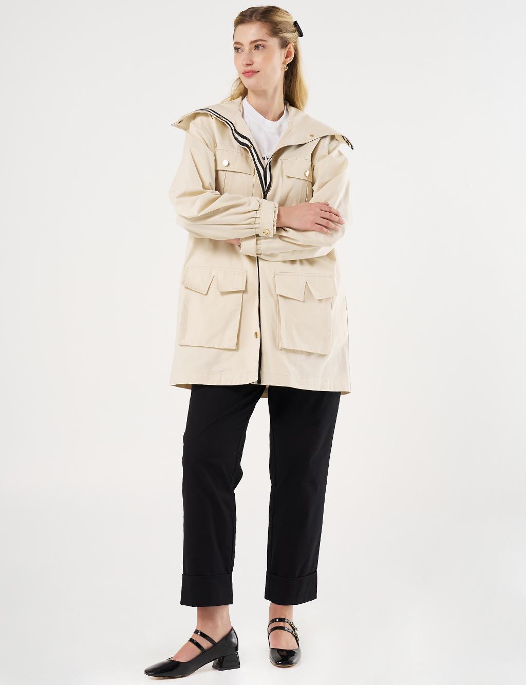 Elasticated Waist High Collar Jacket Cream