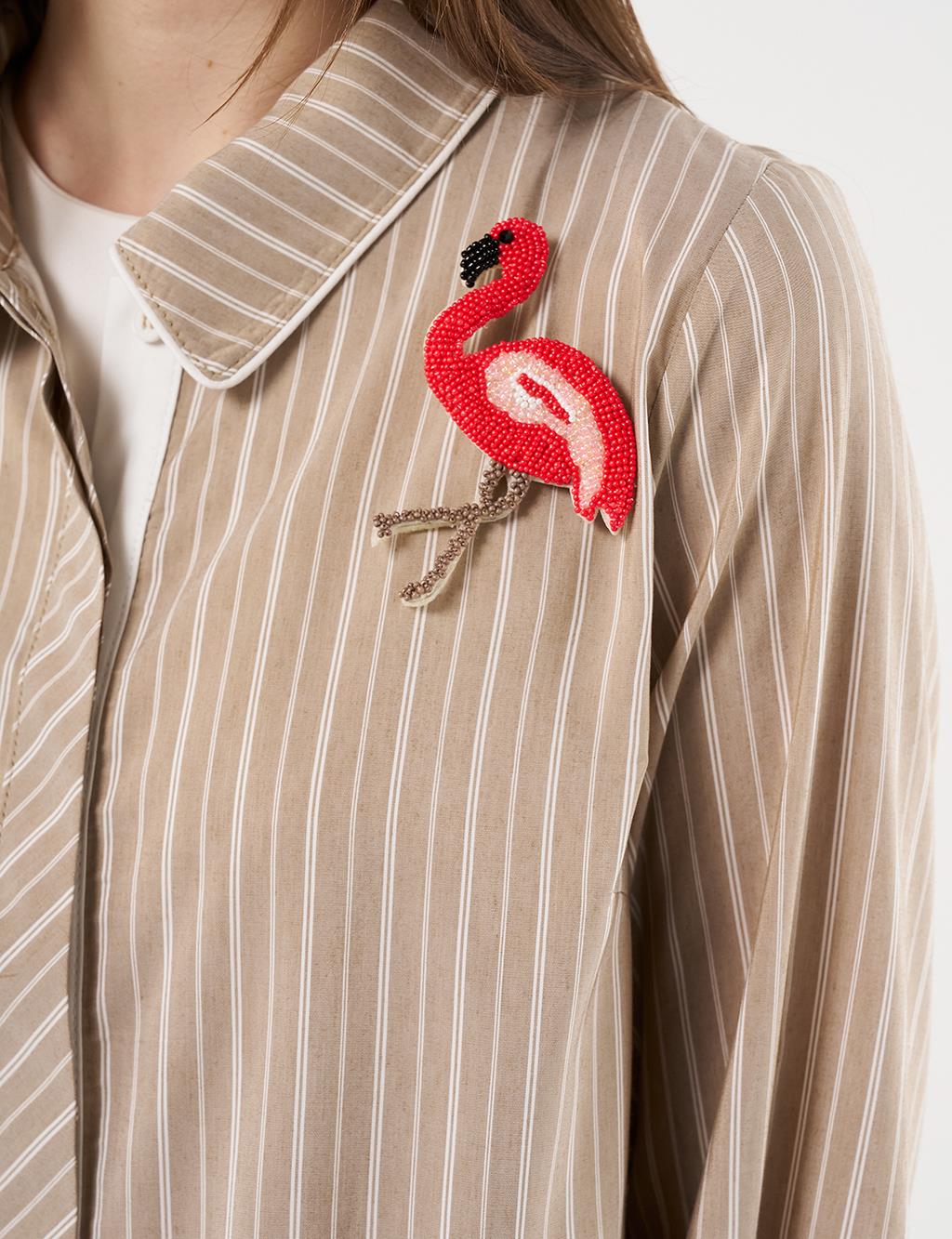  Flamingo Brooch Detailed Striped Tunic Beige