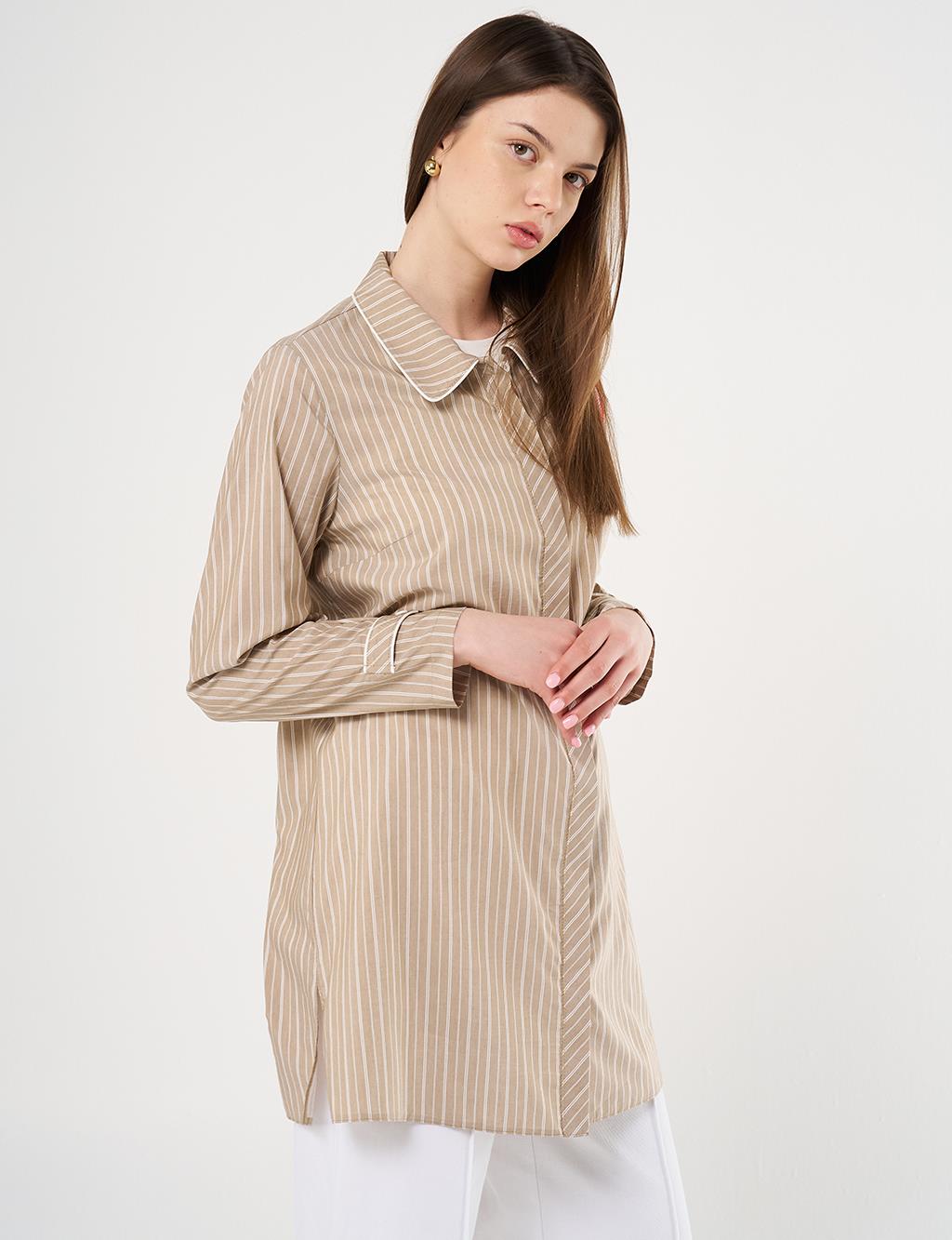  Flamingo Brooch Detailed Striped Tunic Beige