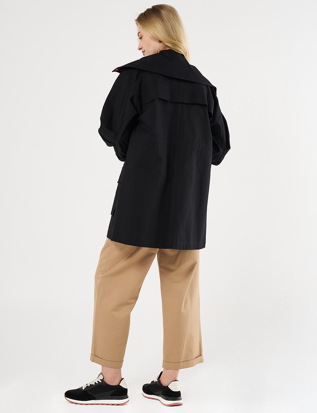 Elasticated Waist High Collar Jacket Black