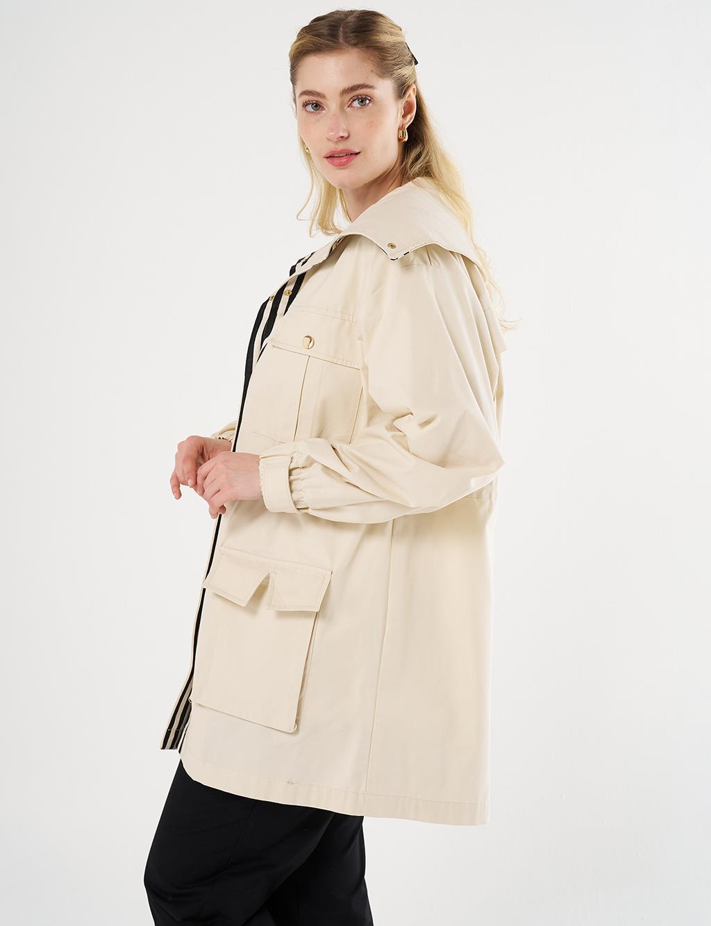 Elasticated Waist High Collar Jacket Cream