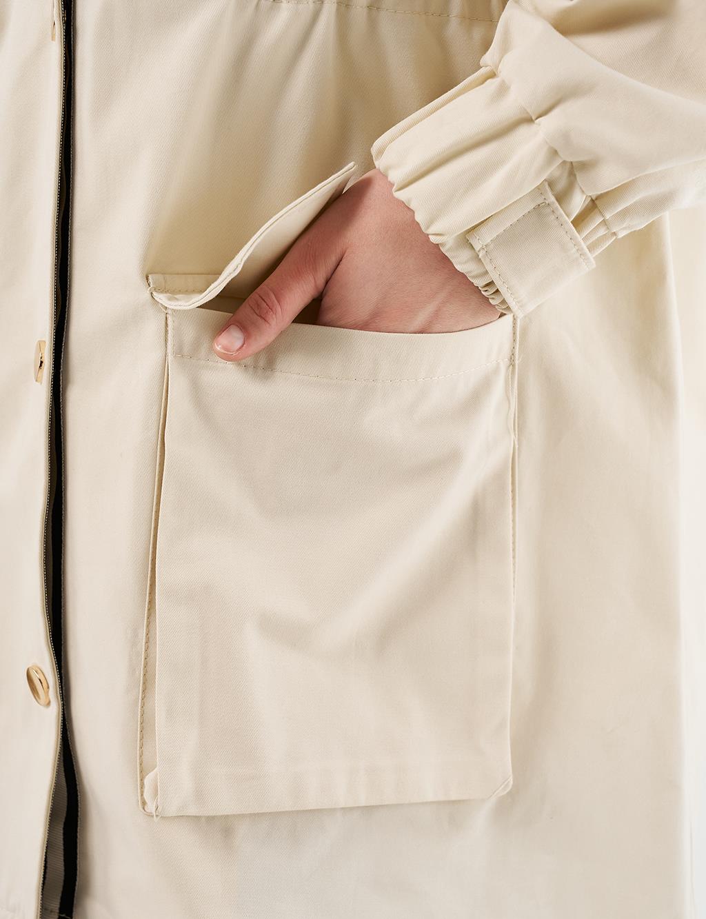 Elasticated Waist High Collar Jacket Cream