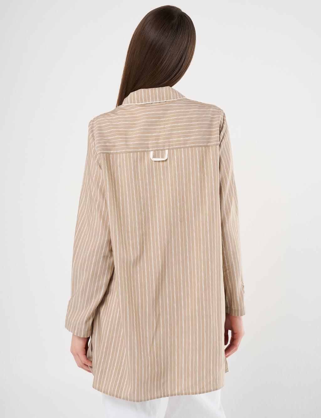  Flamingo Brooch Detailed Striped Tunic Beige
