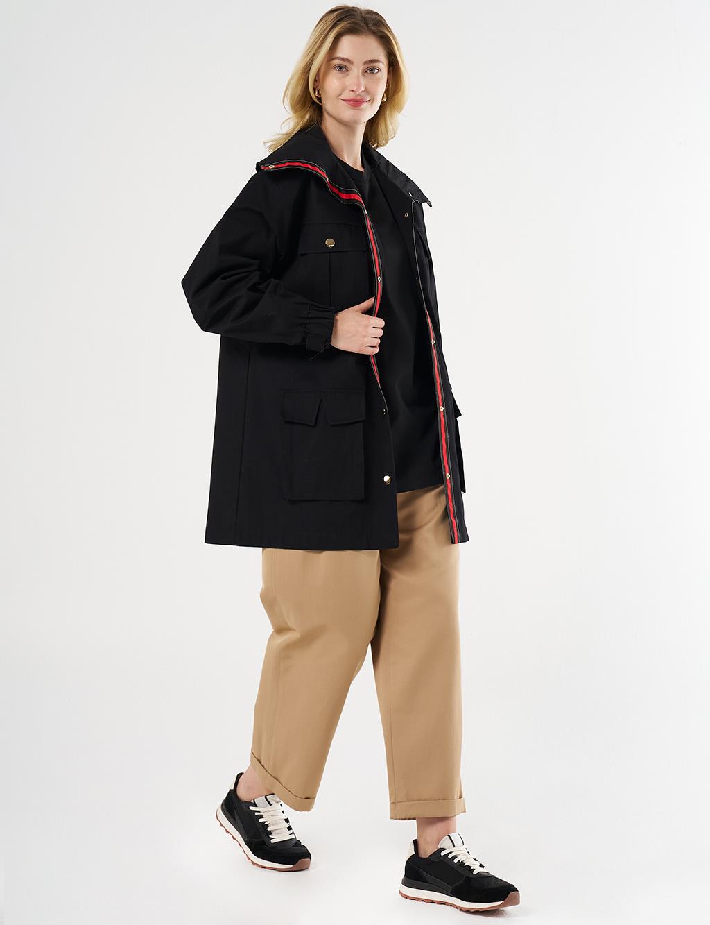Elasticated Waist High Collar Jacket Black