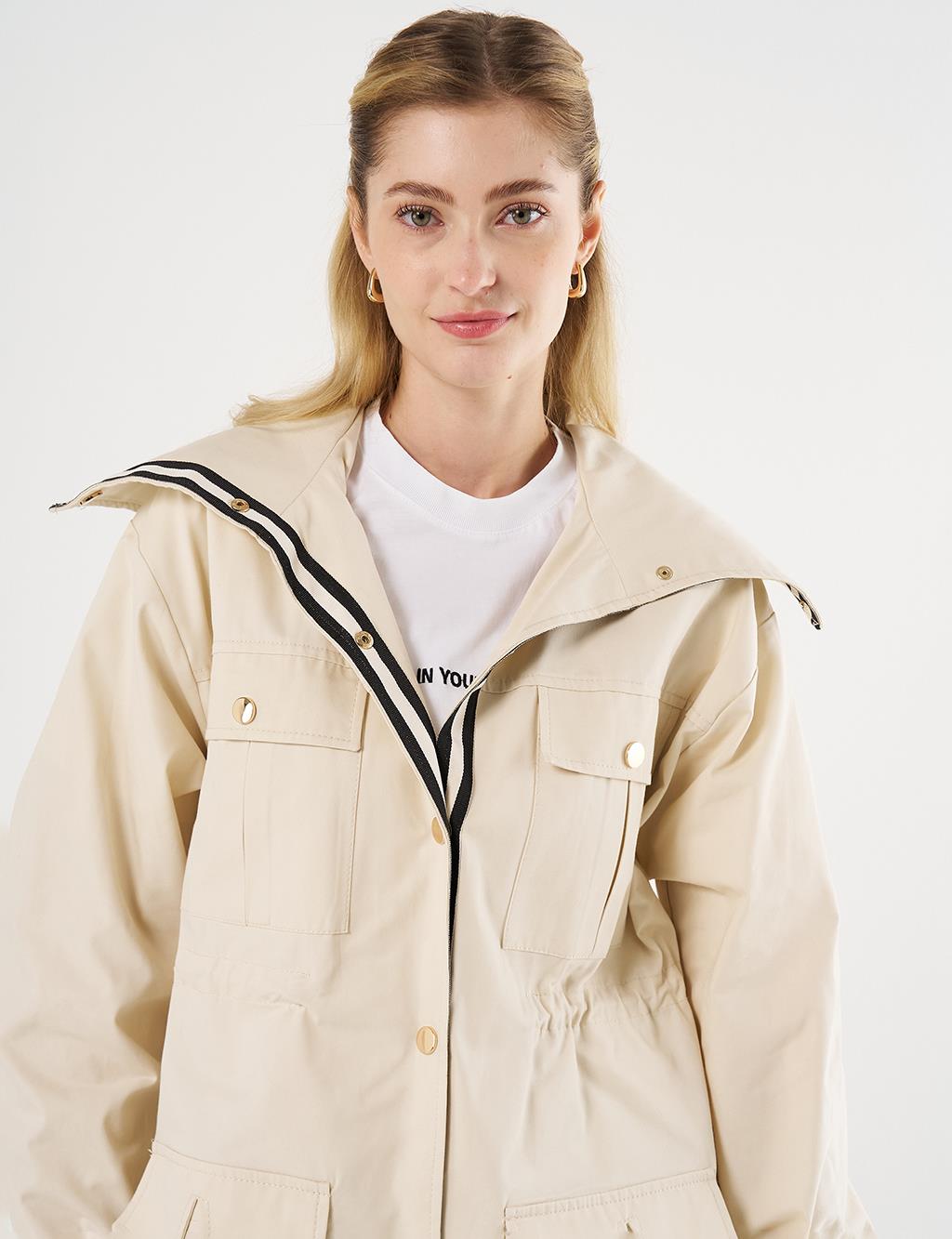 Elasticated Waist High Collar Jacket Cream