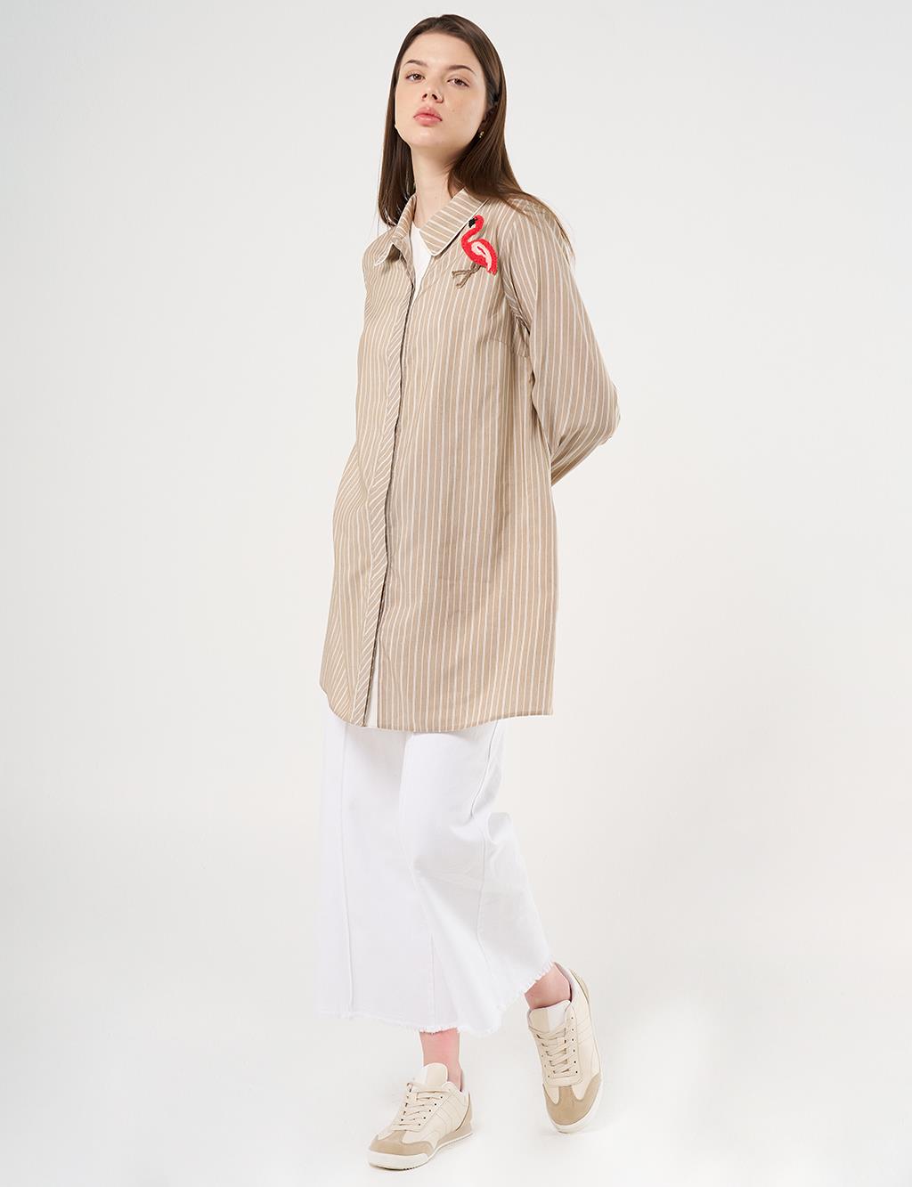  Flamingo Brooch Detailed Striped Tunic Beige