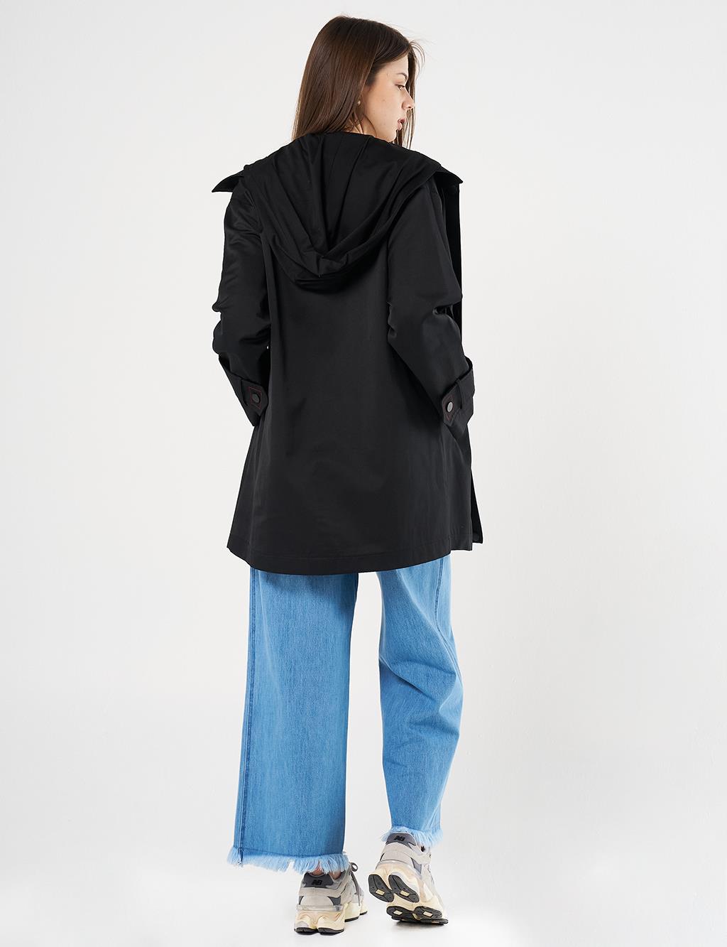 Hooded Epaulette Coat Black