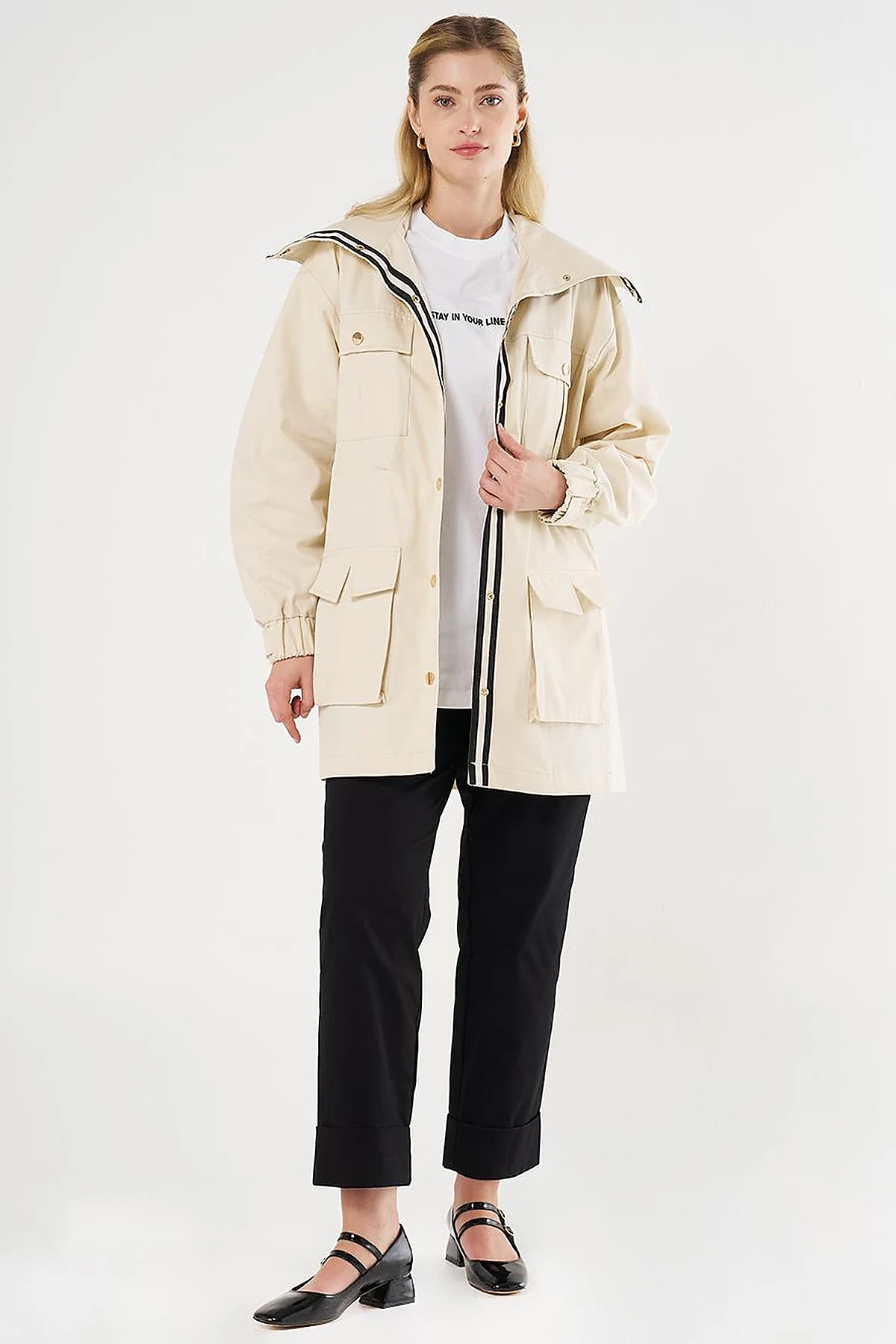 Elasticated Waist High Collar Jacket Cream