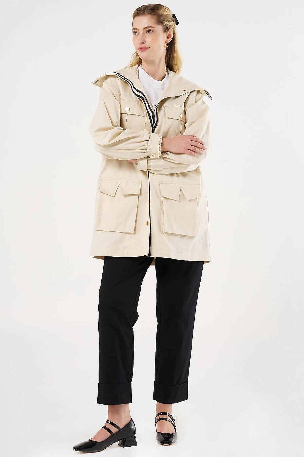 Elasticated Waist High Collar Jacket Cream