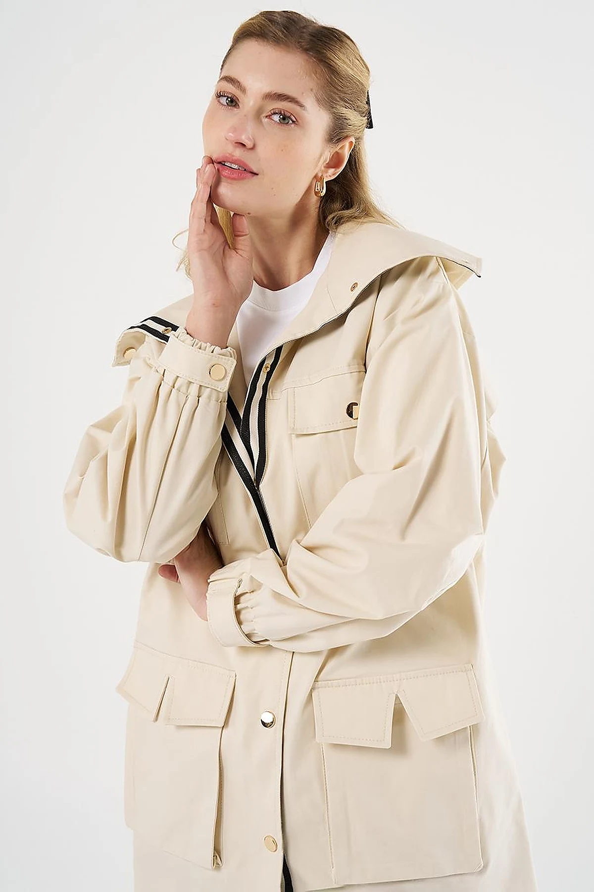 Elasticated Waist High Collar Jacket Cream