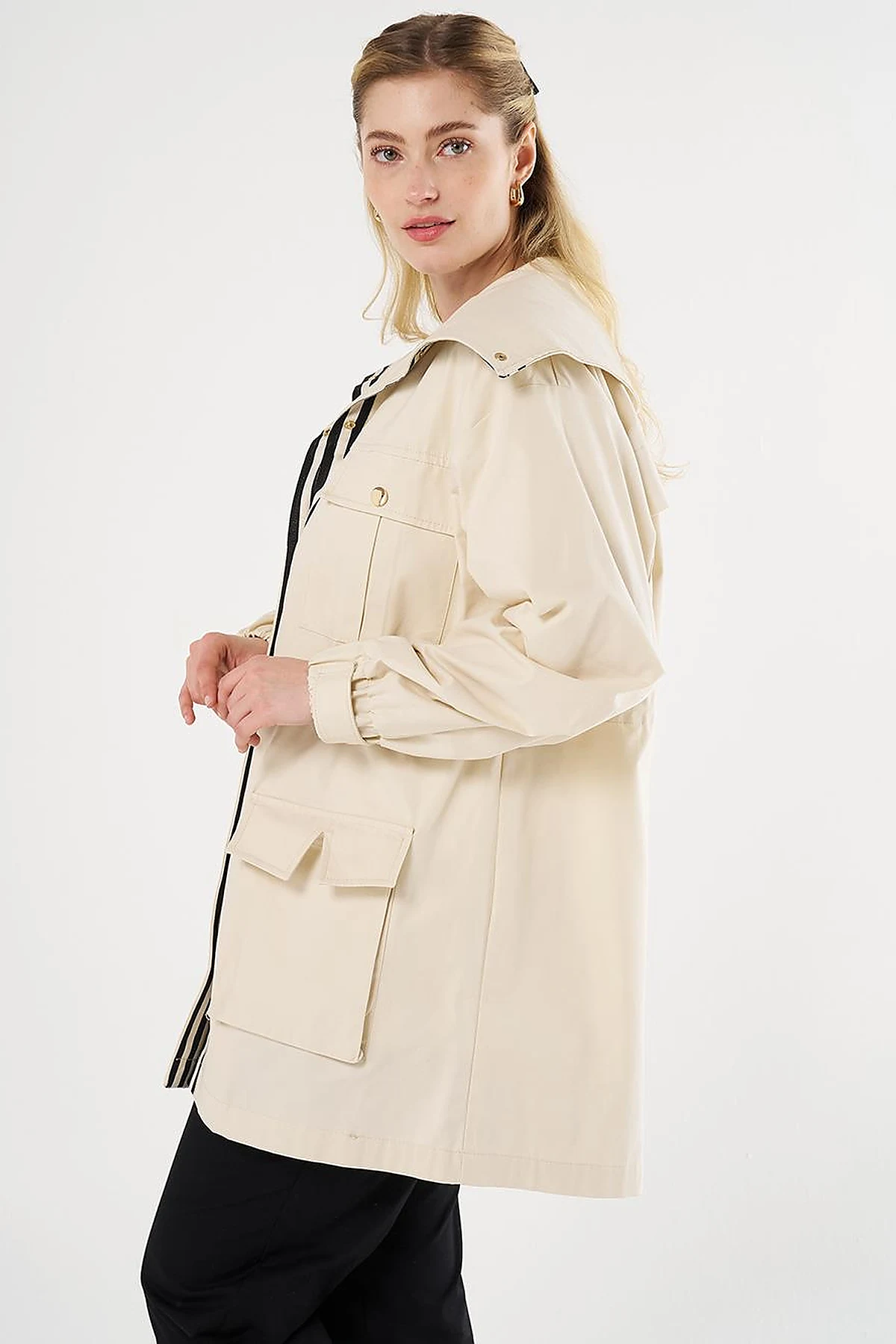 Elasticated Waist High Collar Jacket Cream