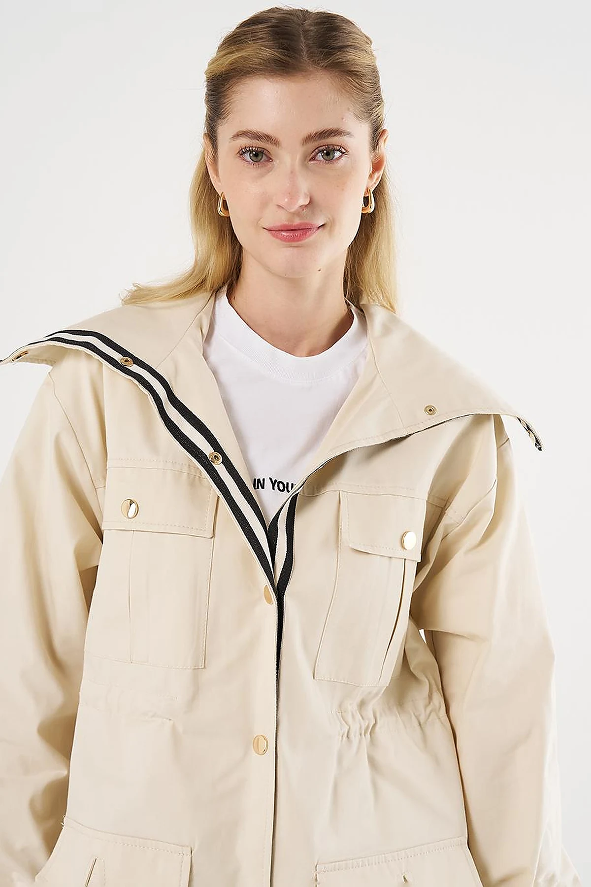 Elasticated Waist High Collar Jacket Cream