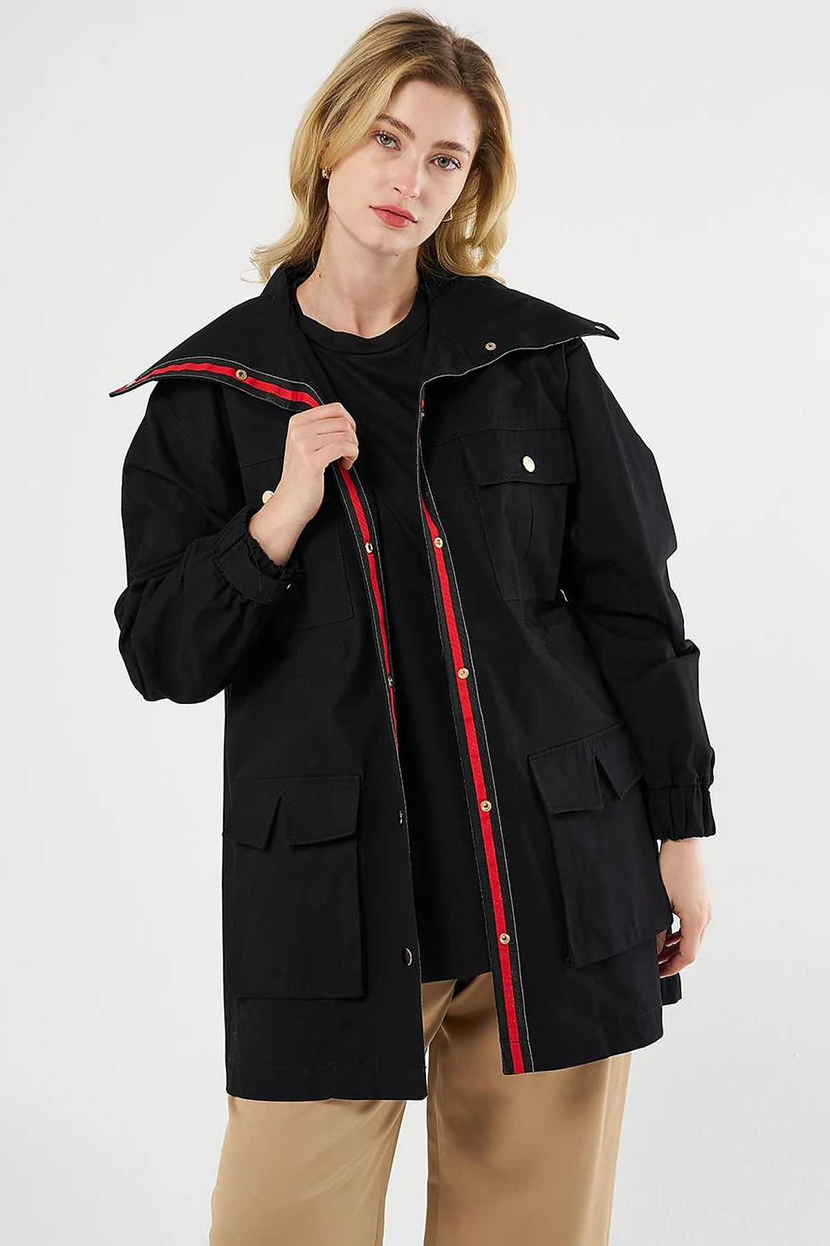 Elasticated Waist High Collar Jacket Black