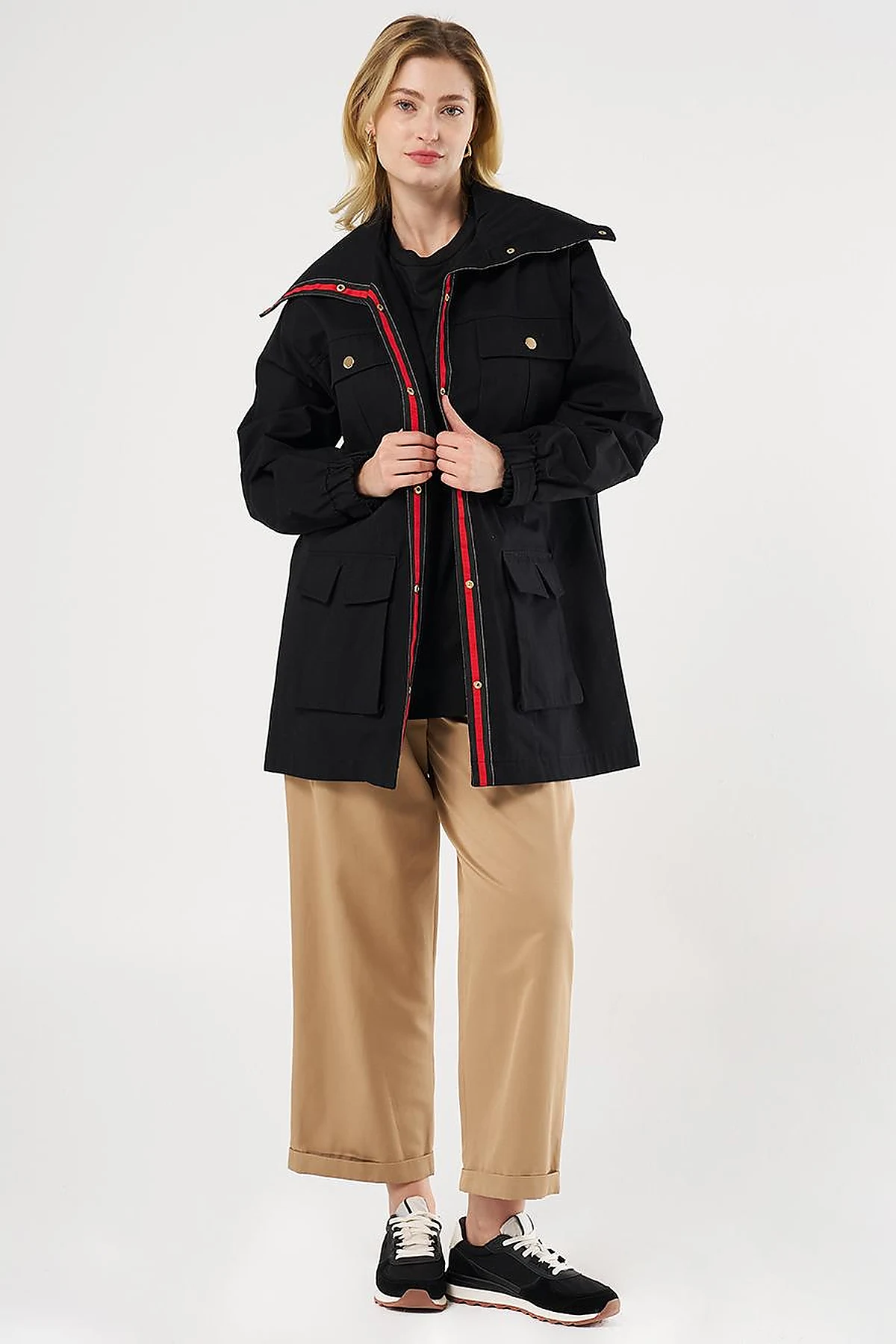 Elasticated Waist High Collar Jacket Black