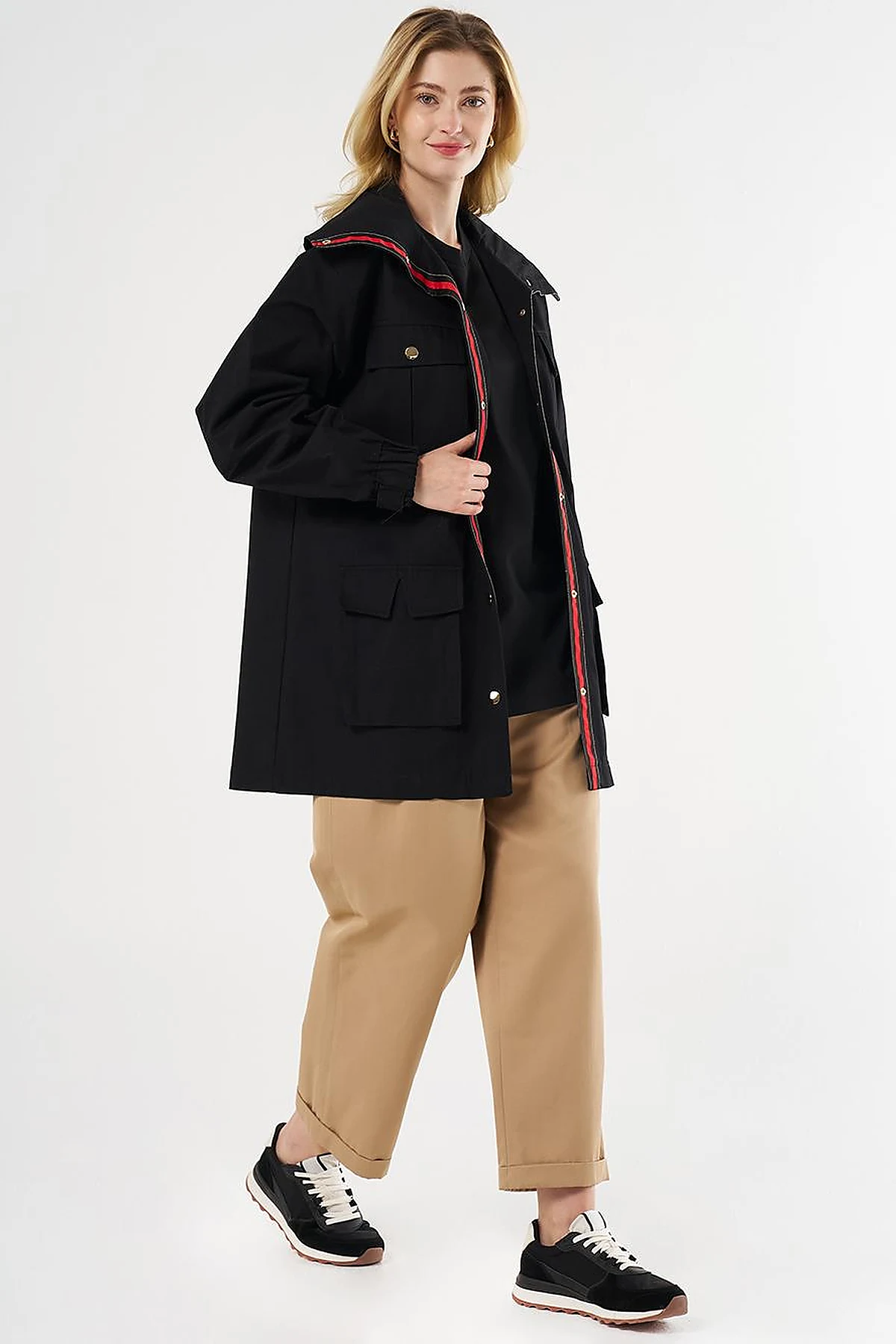 Elasticated Waist High Collar Jacket Black