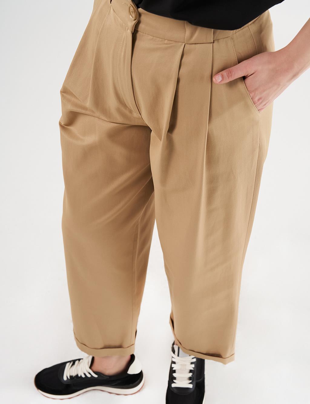 Pileli Duble Paça Pantolon Bej