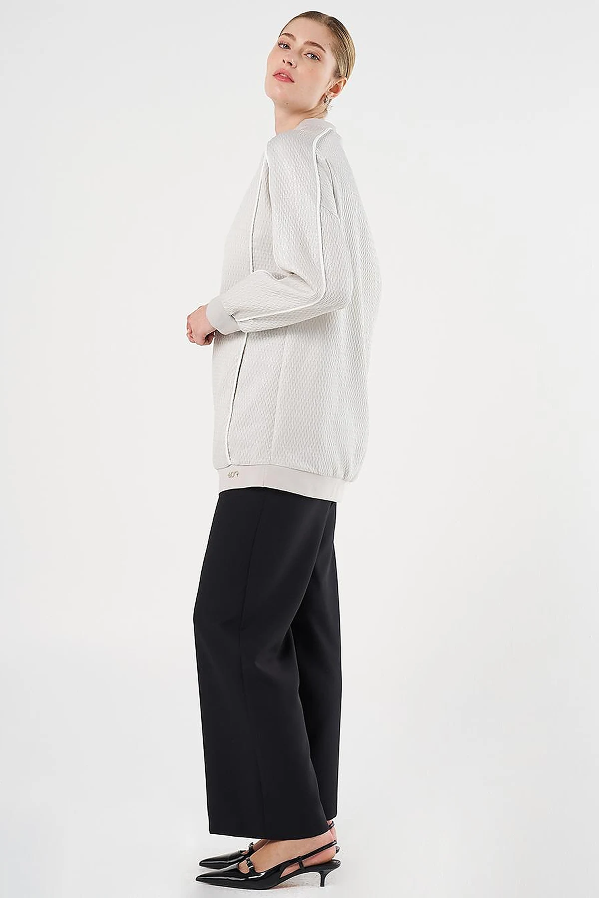 Düşük Omuz Gofreli Sweatshirt Gri 